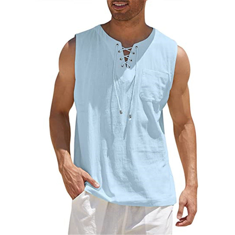 New Men's Sleeveless Shirt Lace-Up Cotton And Linen Short Sleeve T-Shirt